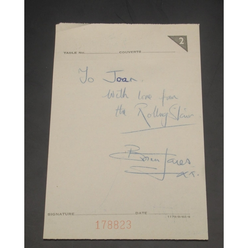 860 - The Rolling Stones - Brian Jones signed menu receipt paper 'To Joan With love from the Rolling Stone... 