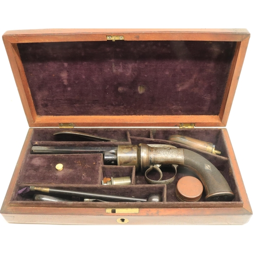 110 - English Mid 19th Century Transitional Pepperbox Revolver In Case 5 1/2 inch, .376 rifled octagonal, ... 