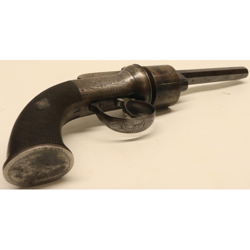 110 - English Mid 19th Century Transitional Pepperbox Revolver In Case 5 1/2 inch, .376 rifled octagonal, ... 