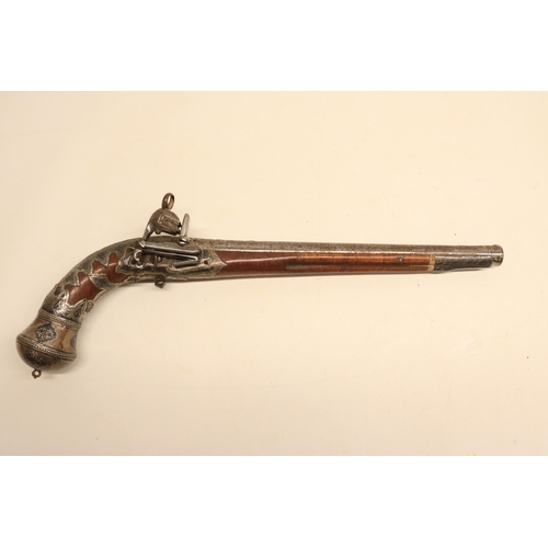 99 - 19th century Caucasian miquelet 32 bore holster pistol, 11.5