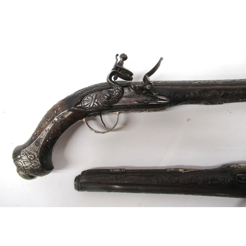 21 - Pair of elaborate C18th century Turkish flintlock 20 bore holster pistols, 10