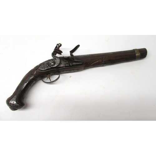 23 - 18th/19th century silver (white metal) inliad 14 bore Turkish flintlock pistol, 9