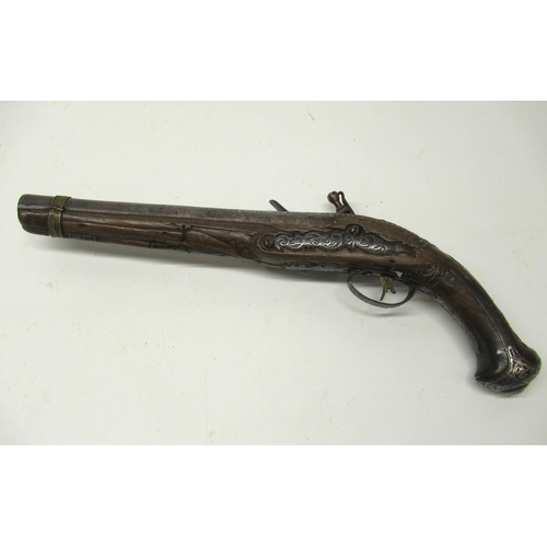 23 - 18th/19th century silver (white metal) inliad 14 bore Turkish flintlock pistol, 9