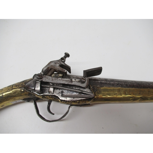 24 - 19th century Turkish / Balkan miquelet rat tail 20 bore holster pistol, full brass over laid stock, ... 