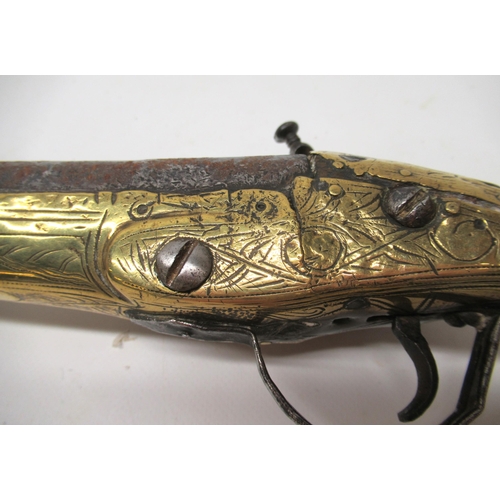 24 - 19th century Turkish / Balkan miquelet rat tail 20 bore holster pistol, full brass over laid stock, ... 