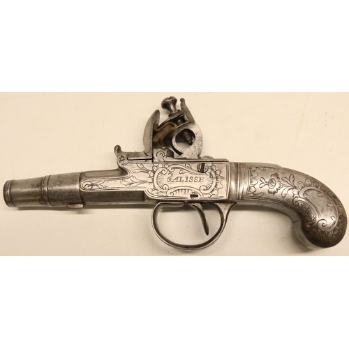 44 - Alisse of London all steel flintlock pocket pistol, 1 1/2