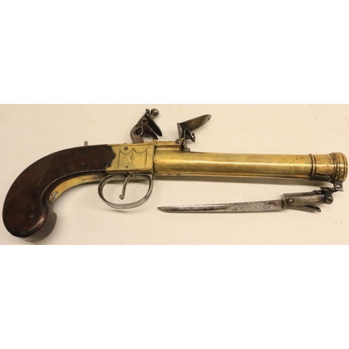 57 - Late 18th century flintlock blunderbuss sprung bayonet pistol, 6.5