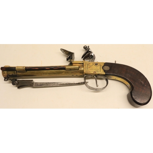 57 - Late 18th century flintlock blunderbuss sprung bayonet pistol, 6.5