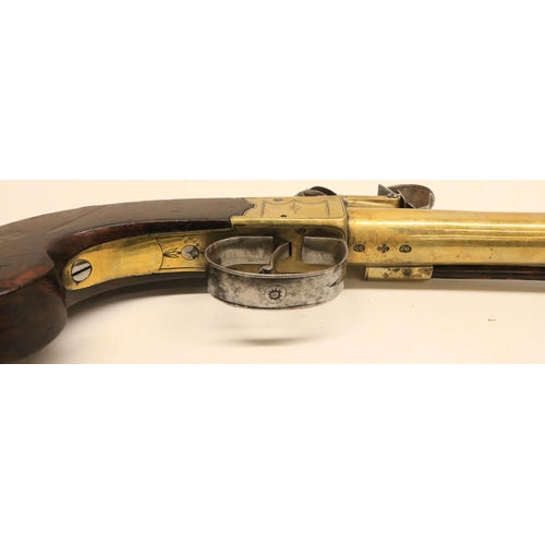 57 - Late 18th century flintlock blunderbuss sprung bayonet pistol, 6.5