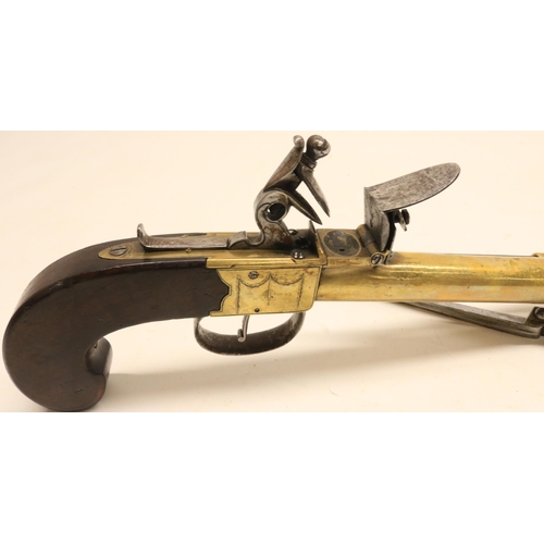 57 - Late 18th century flintlock blunderbuss sprung bayonet pistol, 6.5