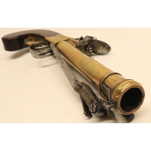 57 - Late 18th century flintlock blunderbuss sprung bayonet pistol, 6.5