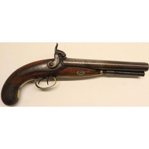 69 - 19th century English percussion `Howdah' style 18 bore double barrelled pistol, 8