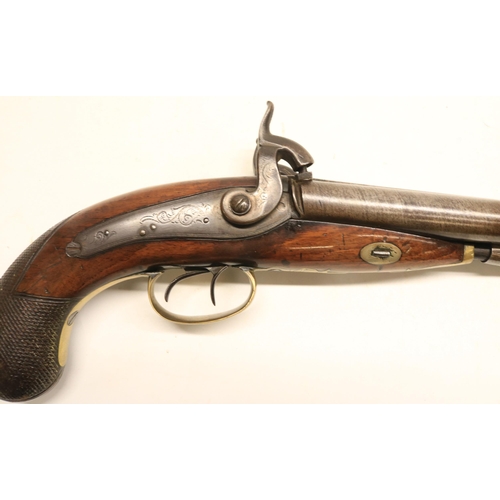 69 - 19th century English percussion `Howdah' style 18 bore double barrelled pistol, 8