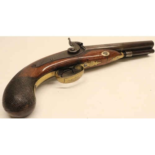 69 - 19th century English percussion `Howdah' style 18 bore double barrelled pistol, 8