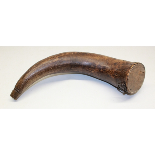 169 - Large 18th century cows horn powder horn, scratchwork engraved 'W.T 1775' within heart and 'LIBERTY'... 