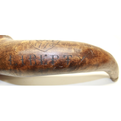 169 - Large 18th century cows horn powder horn, scratchwork engraved 'W.T 1775' within heart and 'LIBERTY'... 