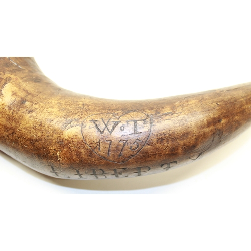 169 - Large 18th century cows horn powder horn, scratchwork engraved 'W.T 1775' within heart and 'LIBERTY'... 