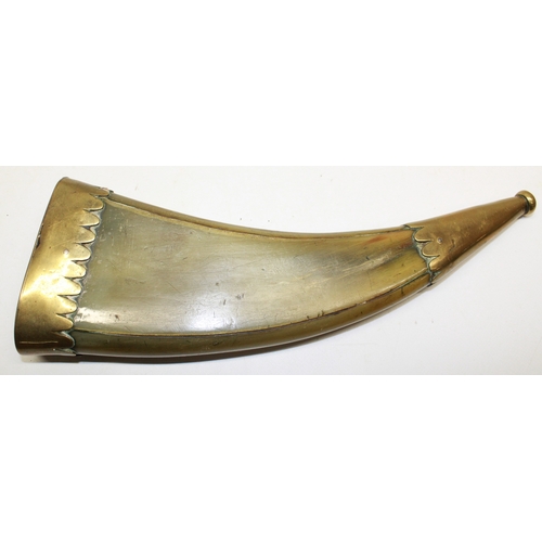 170 - Circa 18th century flattened cows horn pwder flask, brass mounts, approx. 29cm