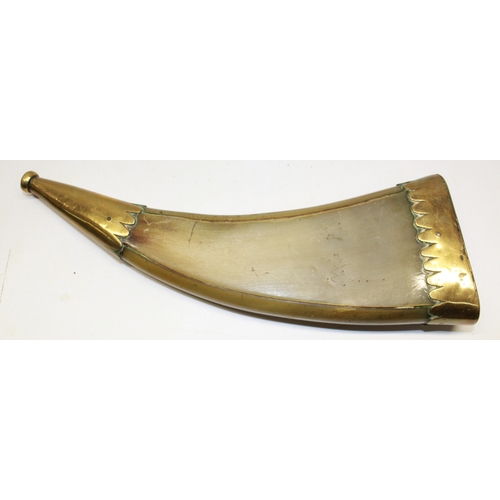 170 - Circa 18th century flattened cows horn pwder flask, brass mounts, approx. 29cm