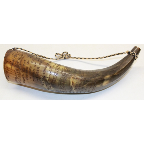 173 - 19th century cows horn powder horn of Crimean War interest, engraved details for the 77th East Middl... 