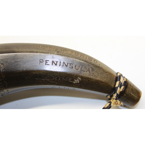 173 - 19th century cows horn powder horn of Crimean War interest, engraved details for the 77th East Middl... 