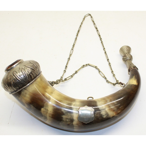 177 - Victorian Scottish dress cow horn powder horn, silver plated mounts, hanging chain, cap set with lar... 