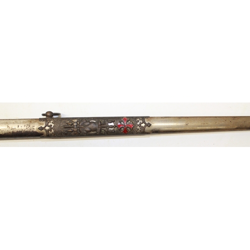 243 - Early 20th century American Masonic lodge sword, named to 'R M Davies' complete with leather studded... 