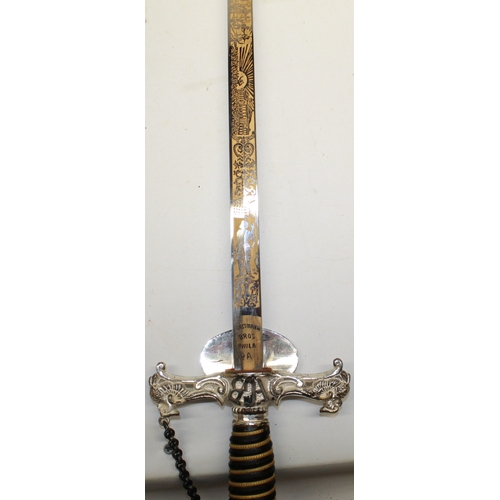 244 - Early 20th century American FCB lodge sword, named to 'W G Curtis, with gilt and etched detail to th... 