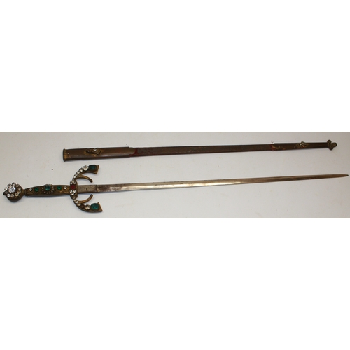 246 - Early 20th century decorative jewelled sword with scabbard, 97 cm overall