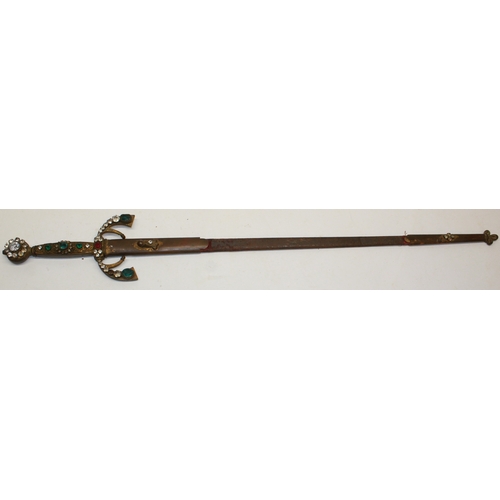 246 - Early 20th century decorative jewelled sword with scabbard, 97 cm overall