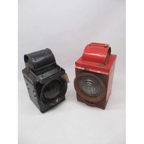 964 - Two South African Railway lamps, square section bodies painted black and red respectively, clear and... 