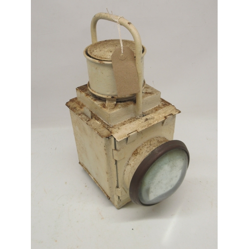 975 - BR period white painted railway lamp, bull's eye lens, H35cm