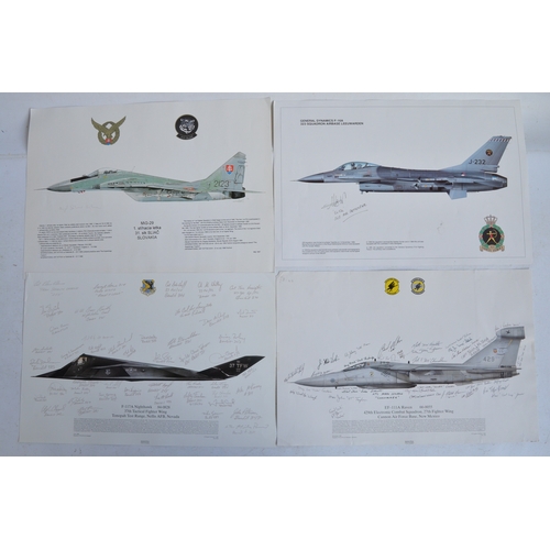 992 - Collection of military aircraft prints to include extensively signed Squadron Prints, Tornado's, F-1... 