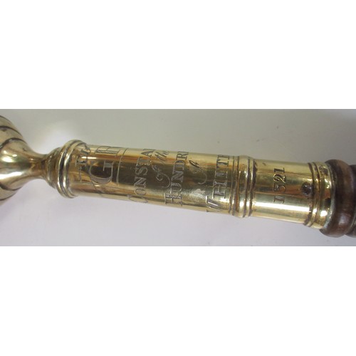 278 - Brass tipstaff with turned wood grip and finial top, 37cm, engraved `IV GR Constable of the Hundred ... 