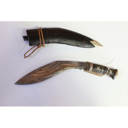 333 - Vintage horn-handled Kukri complete with original steel mounted leather sheath and with original Cha... 