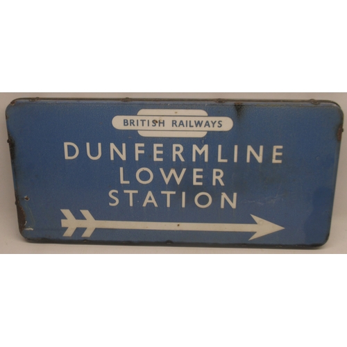 952 - British Railways BR (E) Dunfermline Lower Station, double sided enamel railway station direction sig... 