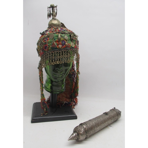 159 - Tibetan ceremonial headdress and a Tibetan prayer scroll holder