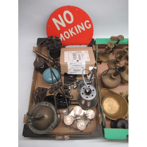 165 - Collection of metalware, incl. a laboratory lamp; enamel no smoking sign; brass candlesticks; recept... 