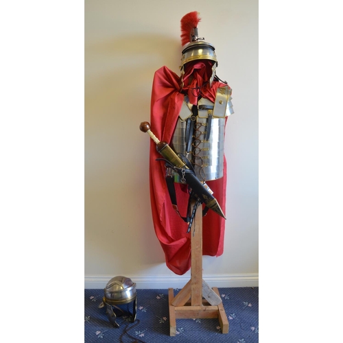 680 - Roman Army re-enactors Lorica Segmentata uniform, all metal with 2 helmets, sword etc, no size or ma... 