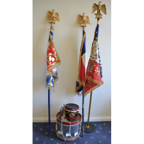 681 - Collection of Napoleonic Wars re-enactors items to include 3 eagle topped standards and a Shako helm... 