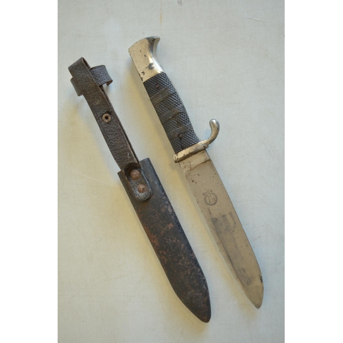 684 - World War II Hitler Youth dagger,blade length 14cm, 24.3cm overall with black metal scabbard (heavil... 