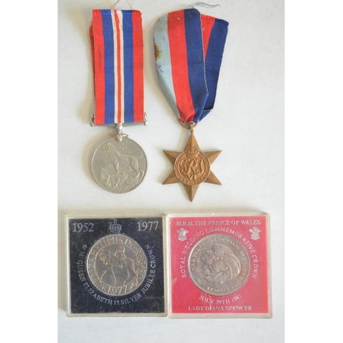 715A - World War II 1939-45 war medal and 1939-45 Star (no inscriptions) and 2 commemorative coins