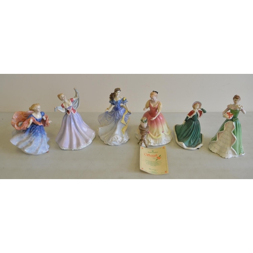 723 - Six Royal Doulton fine bone china figurines (no boxes) to include Sarah (with CoA), June, Rebecca, M... 