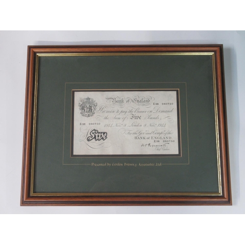 112 - Framed Bank of England 'White' £5 note 1944, signed Peppiatt, serial no. E58 080750, London 8th Nov.... 