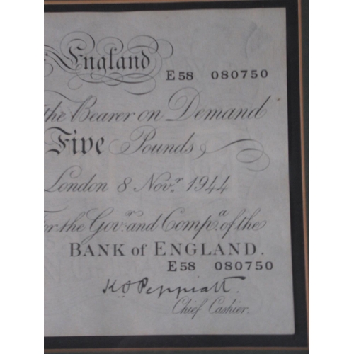 112 - Framed Bank of England 'White' £5 note 1944, signed Peppiatt, serial no. E58 080750, London 8th Nov.... 