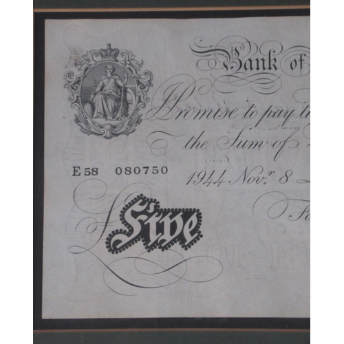 112 - Framed Bank of England 'White' £5 note 1944, signed Peppiatt, serial no. E58 080750, London 8th Nov.... 