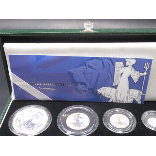 280 - Royal Mint 2001 Silver Proof Britannia Collection comprising four coins, £2, £1, 50p and 20p, all en... 