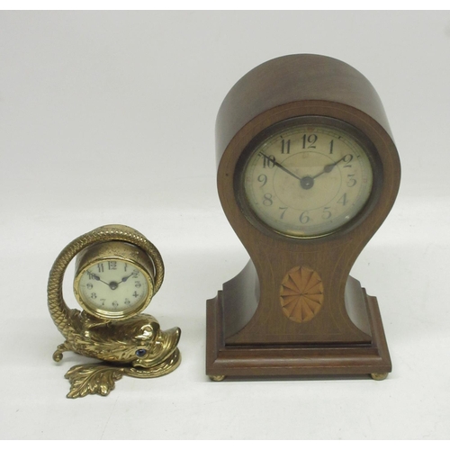 218 - Early 20th Century mahogany inlaid balloon timepiece, boxwood stringing with central shell motif, mo... 