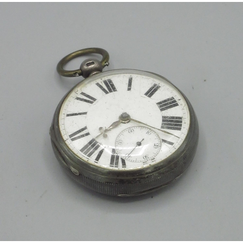 500 - Perkins, Narrow St. Peterbro, Victorian silver key wound pocket watch, white enamel Roman dial, subs... 