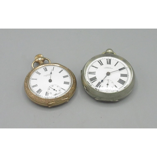 505 - New York Standard Watch Co., rolled gold keyless pocket watch, signed white enamel Roman dial, subsi... 